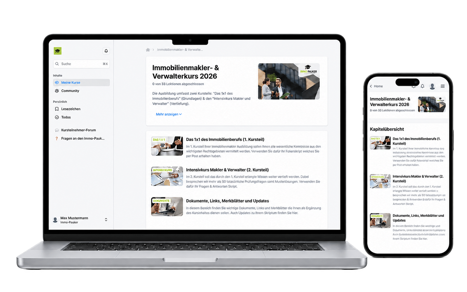 Immo-Pauker Lernplattform auf Laptop und Smartphone