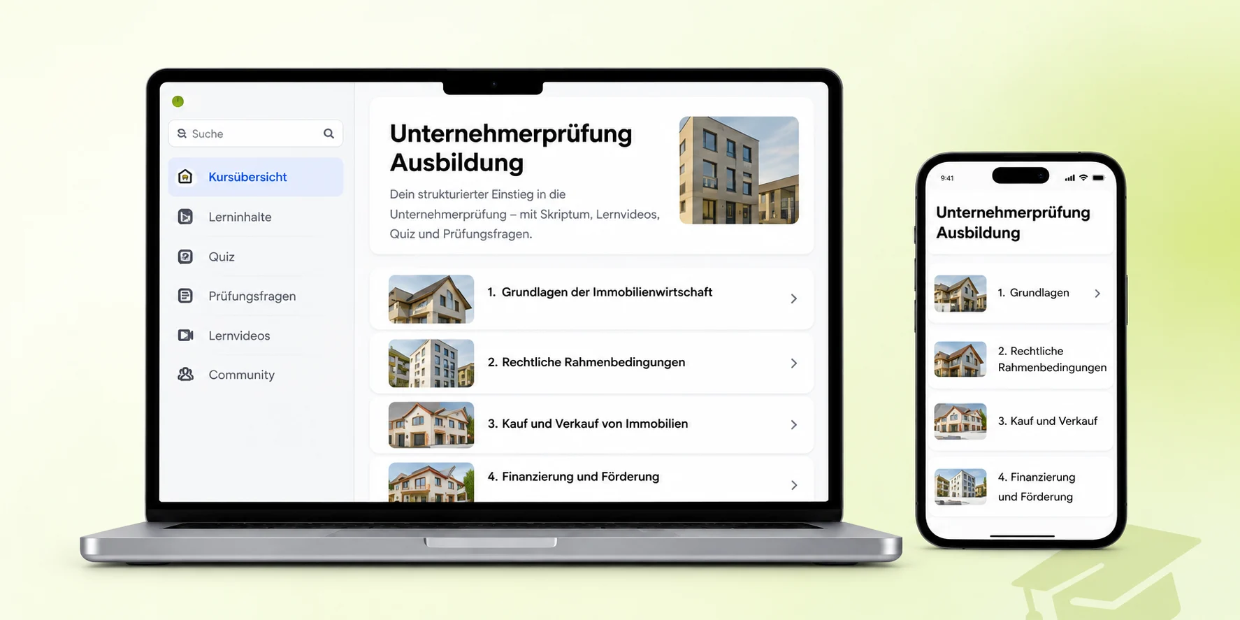 ARBEITSVERSION · Unternehmer Ausbildung 28 Unternehmerprüfung-Ausbildung in der Immo-Pauker Lernwelt auf Laptop und Smartphone